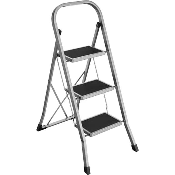 SONGMICS Trittleiter, Leiter mit 3 Stufen, Klapptritt, Klappsicherung, einfach zu verstauen, bis 150 kg belastbar, Taubengrau GSL003GY01 – Bild 1