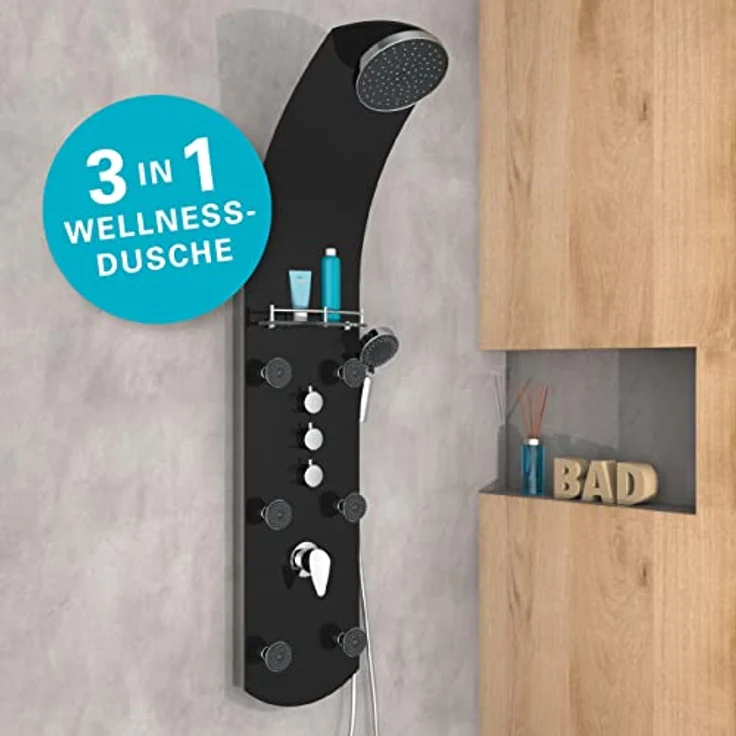 EISL ORSP-YMSBB KARIBIK Duschpaneel, Wellnessdusche 3 in 1 mit Regendusche, sechs Massagedüsen und Handbrause, Einhebel-Duscharmatur, einfach montierbar, Duschset aus Sicherheitsglas Schwarz – Bild 2