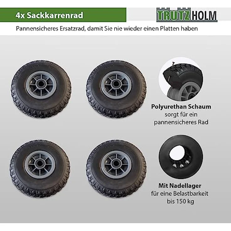 TRUTZHOLM 4X Sackkarrenrad Vollgummi 260x85mm 3.00-4 PU Ersatzrad Rad Reifen – Bild 2