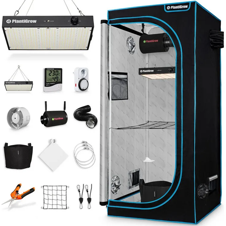 PlantiGrow Growbox Komplettset, Indoor Gewächshaus mit 150W dimmbarer Vollspektrum LED Lampe, 1680D Oxford, Carbon-Filter und Inline-Kanalventilator