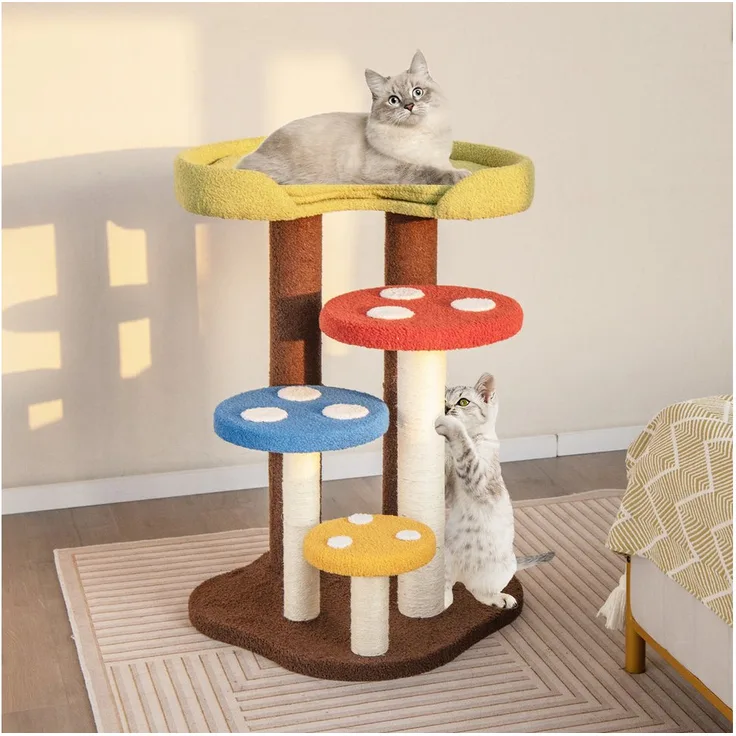 COSTWAY Kratzbaum, mehrschichtige Katzenmöbel, mit abnehmbarer Matte, Pilzdesign, 94 cm, Teddystoff, Naturfarben