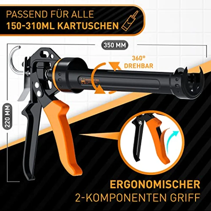Hardtwerk® Kartuschenpistole 360° drehbar mit Cutter, 18:1 Übersetzung für präzise Dosierung bei Silikon und Acryl, geeignet für 150-310 ml Kartuschen – Bild 4