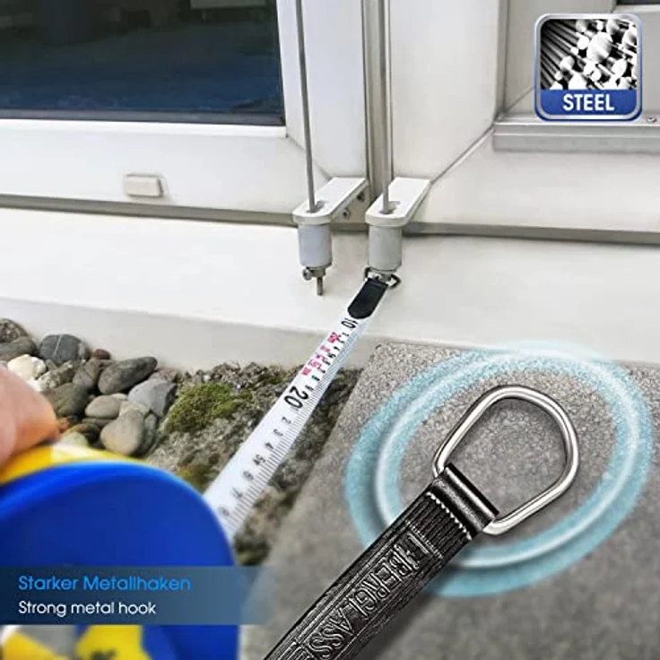 S&R Bandmaß Fiberglas 20m / 66 Ft, Breite 13mm, Rollmeter METER und ZOLL doppel Seiten markiert, Rollmaßband 20 m Maßmeter Kapselbandmass, schlagfestes ABS-Kunststoffgehäuse – Bild 5