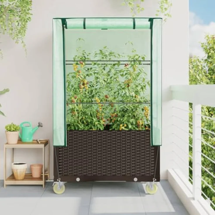 vidaXL Hochbeet mit Aufsatz und Rollen Rattan-Optik 80x50x182 cm, stabiler Rahmen, Gewächshausaufsatz, wasserfeste Abdeckung – Bild 4