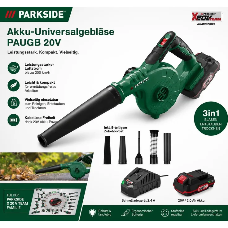 PARKSIDE 20 V Akku-Universalgebläser PAUGB, Laubsauger mit 2 Ah Akku und Ladegerät, 2 Leistungsstufen, 180 km/h Blasgeschwindigkeit