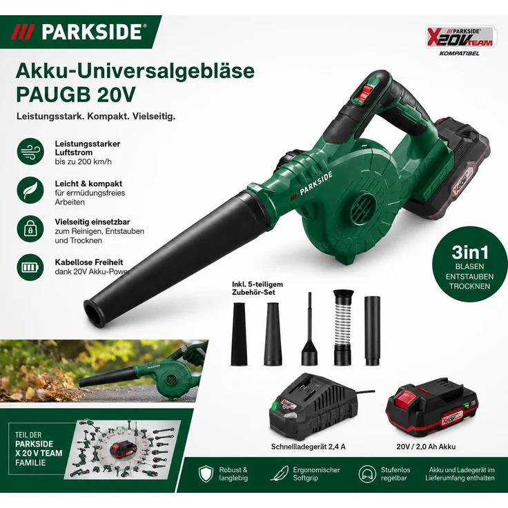 PARKSIDE 20 V Akku-Universalgebläser PAUGB, Laubsauger mit 2 Ah Akku und Ladegerät, 2 Leistungsstufen, 180 km/h Blasgeschwindigkeit