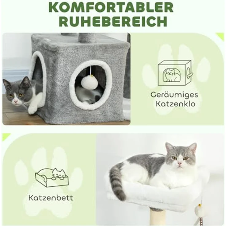 PawHut Kratzbaum 107 cm, mehrstöckiger Katzenturm mit Höhle, 2 Plüschballen, Sisalstämme, große Plattform, für Katzen bis 5 kg, Grau – Bild 4