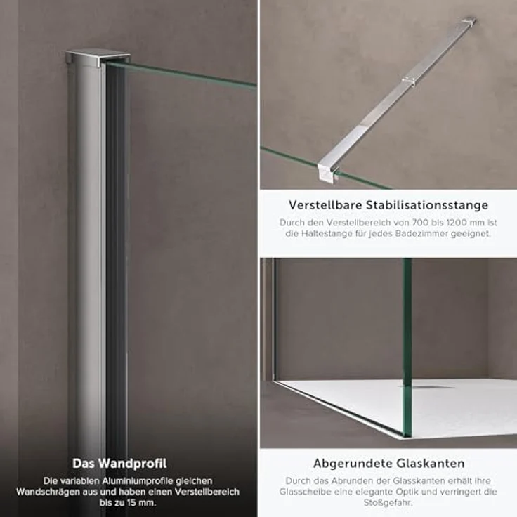 doporro Walk-in-Dusche Duschwand für Dusche Duschkabine Duschabtrennung 10mm ESG NANO, Einscheibensicherheitsglas, rechteckig, Klarglas, Edelstahl Stabilisatoren, variabler Wandabstand 70-120 cm – Bild 5