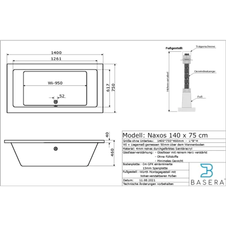 Basera® Whirlpool-Badewanne Naxos 140 x 75 cm, Komplett-Set, 16 Massagedüsen, Wasserfall, LED, weiß – Bild 6