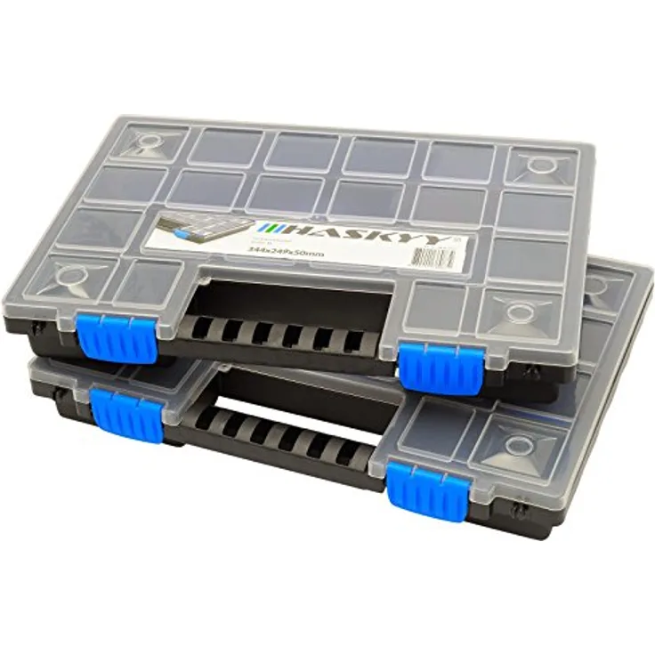 HASKYY Sortimentskoffer Sortimentsbox 2x XL Organizer, Unterteilt und Stapelbar, 345x249x50 mm, Robuster Kunststoff für Kleinteile und Werkzeuge