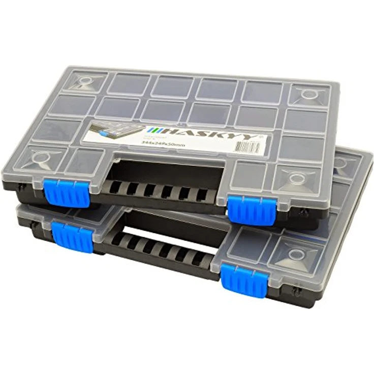 HASKYY Sortimentskoffer Sortimentsbox 2x XL Organizer, Unterteilt und Stapelbar, 345x249x50 mm, Robuster Kunststoff für Kleinteile und Werkzeuge – Bild 1