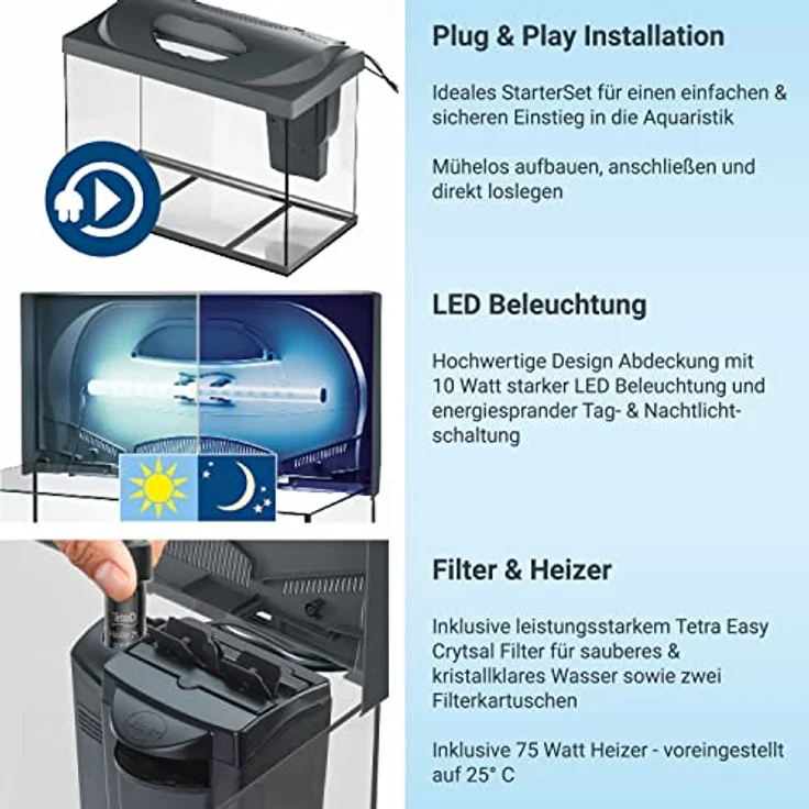 Tetra Starter Line 80 L Aquarium Komplett-Set - inkl. Tag- & Nachtlicht LED-Beleuchtung, Innenfilter, Heizer, Fischfutter und Wasseraufbereiter – Bild 3