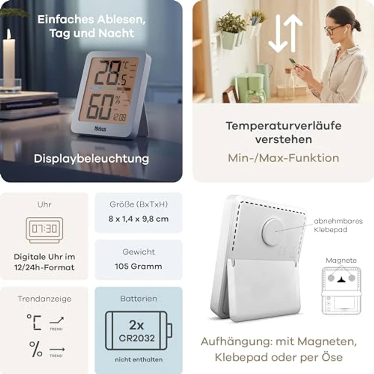 Mebus 40928 Thermo-Hygrometer, digitales Innen-Thermometer mit Uhrzeit, Min/Max-Funktion und Hintergrundbeleuchtung, weiß – Bild 5
