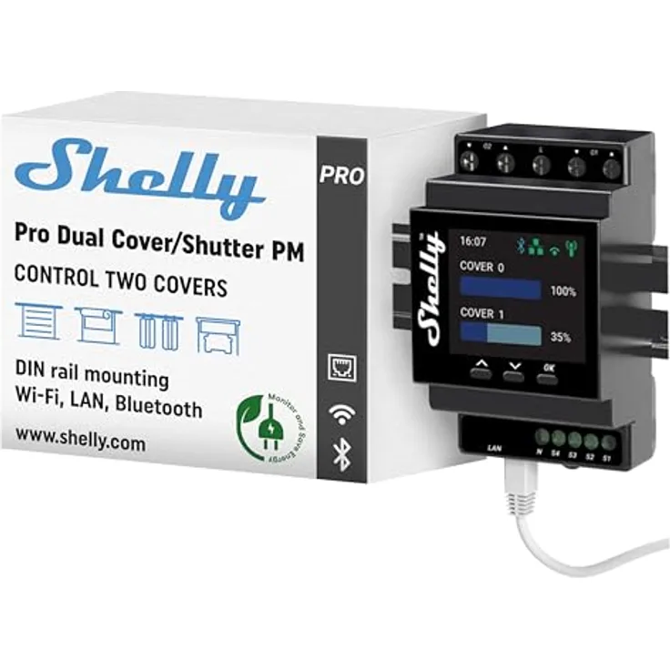 Shelly Pro Dual Cover/Shutter PM, 2-Kanal DIN-Schienen Smart Jalousien Controller, LAN & WLAN, 16 A, Leistungsmessung, Alexa & Google Home kompatibel