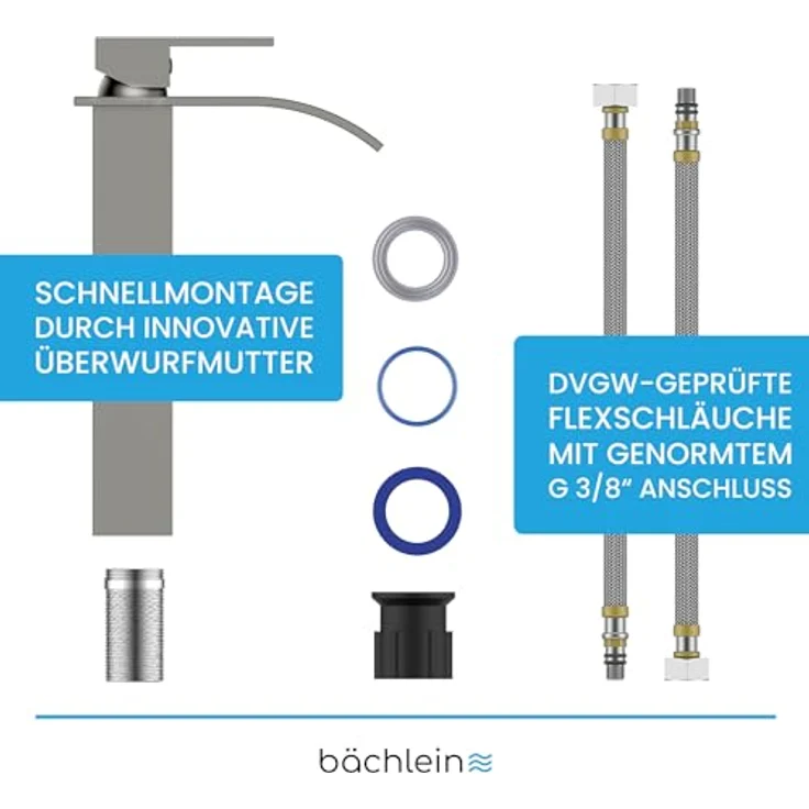Bächlein Badarmatur Tamina hoch in Wasserfall-Design, extra hoher Einhebelmischer mit Montage-Set für Aufsatzwaschbecken, Bad Wasserhahn Edelstahl gebürstet – Bild 5