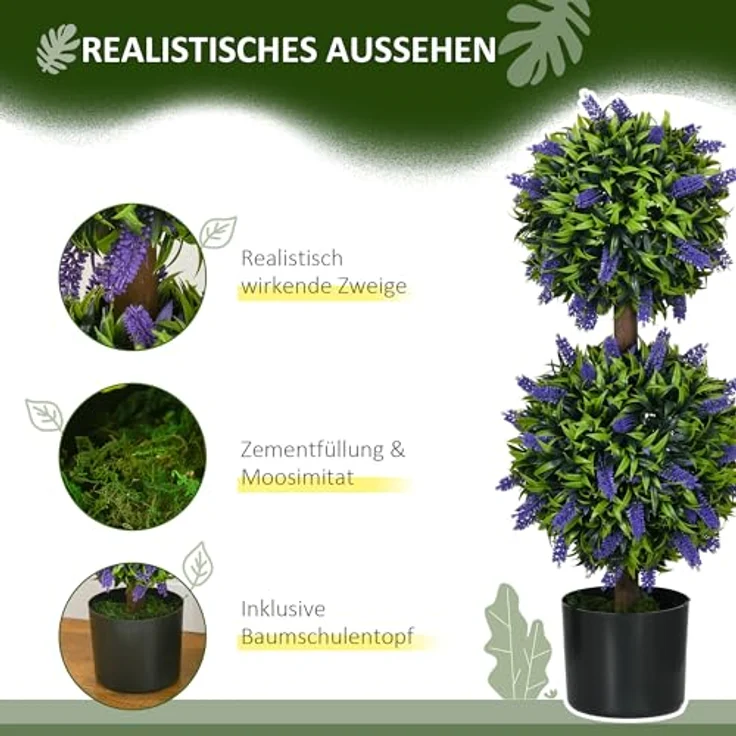 HOMCOM Künstliche Pflanzen 2er-Set, UV-beständige Kunstpflanze im Blumentopf, 70 cm Zimmerpflanze mit Lavendel für Wohnzimmer, Garten – Bild 4