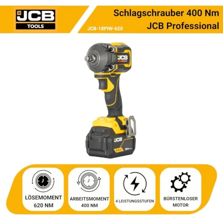 JCB Professional Akku-Schlagschrauber JCB-18PIW-620, 18V Kompakt, 400 Nm Anzugsmoment, Bürstenlos, LED, Gürtelclip – Bild 3