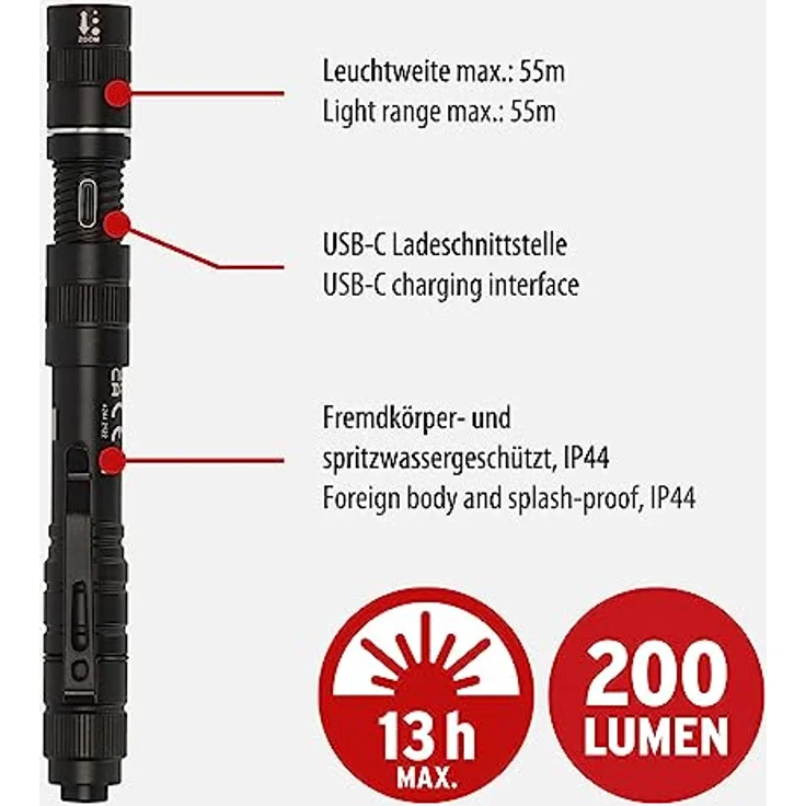 Brennenstuhl Akku Taschenlampe LED LuxPremium TL 210 AF/Handlampe mit heller Osram-LED (200lm, bis zu 13h Leuchtdauer, 55m Leuchtweite, fremdkörper- und spritzwassergeschützt IP44) – Bild 3