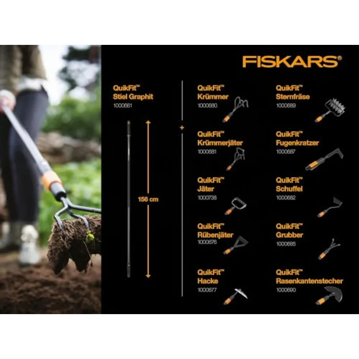 Fiskars Gartenhacke QuikFit Sternfräse, 20,5cm breit, gehärteter Stahl, 512g, 9 Blätter, schwarz – Bild 3