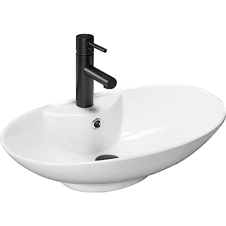 Rea Waschbecken, Washbasin Rea Rosa 59cm (590 mm, 590 mm) - Ceramic Sink with Snow-White Finish and Silver Overflow Cover