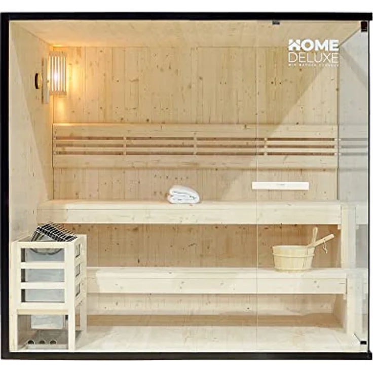 Home Deluxe - Traditionelle Sauna - Shadow XL - 200 x 150 x 190 cm - für 5 Personen - hochwertiges Fichtenholz, inkl. Saunaofen, Saunazubehör I Dampfsauna Aufgusssauna Finnische Sauna Bio Sauna – Bild 3