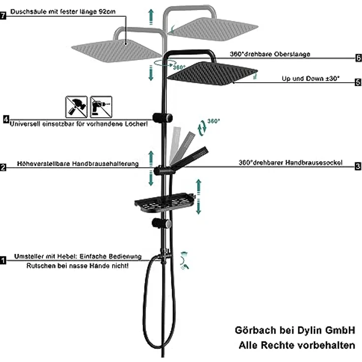 Görbach Regendusche Duschsystem, wassersparende Kopfbrause 35x25 cm, schwarz, Edelstahl mit Handbrause und flexibler Duschstange – Bild 5