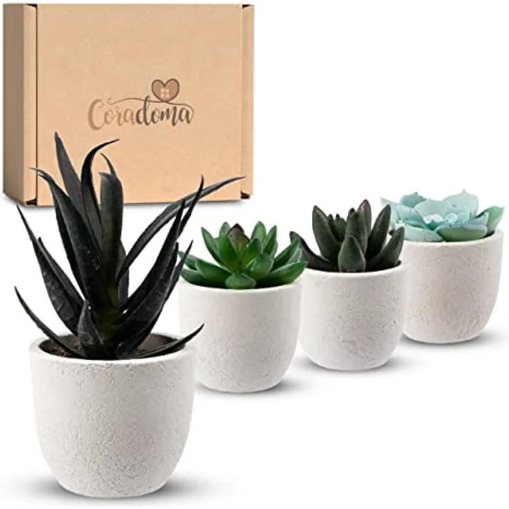Coradoma Künstliche Pflanzen Mini 4er Set Weiß Dekoration Kunstpflanzen im Topf | Wohnzimmer Deko modern Küchendeko | Kunstblume Sukkulente Fensterbank Schreibtisch Wanddeko Büro Schlafzimmer