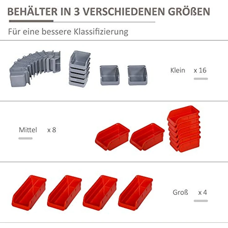 DURHAND Wandregal mit 44 tlg. Stapelboxen, Werkzeuglochwand und Werkzeughalter in Rot, 54x22x95 cm, belastbar bis 30 kg – Bild 4