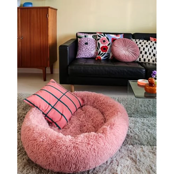 Beliani Kuscheliges Tierbett oval für Hunde Katzen Polyester rosa ⌀ 80 cm Kulu, bequemes Schlafplatz für kleine und mittlere Haustiere in leuchtender Farbe – Bild 5