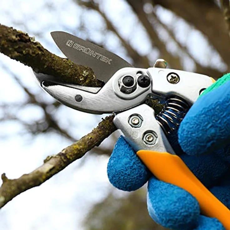 GRÜNTEK Amboss Gartenschere BUSSARD, 200 mm, Teflon-Beschichtete 50 mm SK5 Klinge, leichtgängiger Schnitt, ergonomische Griff-Form, Stoßdämpfer, hoher Comfort, Ast-Blumen Ambosschere in Grün – Bild 4