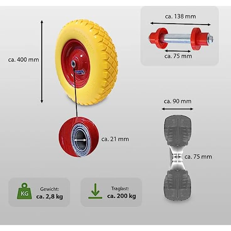 Schubkarrenrad pannensicher 4.80/4.00-8 Achse Ersatzrad Reifen Vollgummi Schiebkarre PU – Bild 4