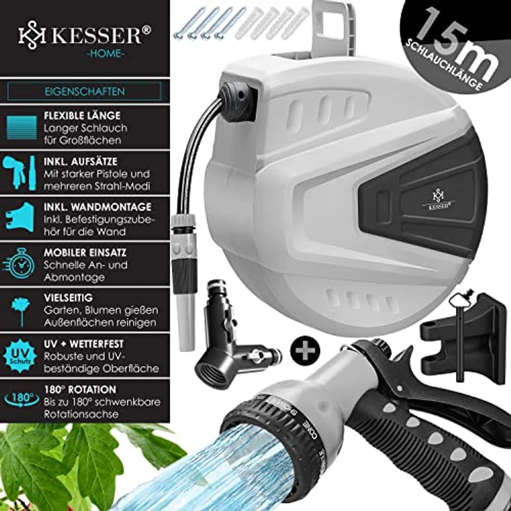 KESSER Schlauchtrommel Schlauchaufroller Wasser Multi-Handbrause 180° Schwenkbar Aufwickelstopper Wandhalterung Wand-Schlauchbox Wasserschlauchtrommel Gartenschlauch Grau, 15 Meter – Bild 2