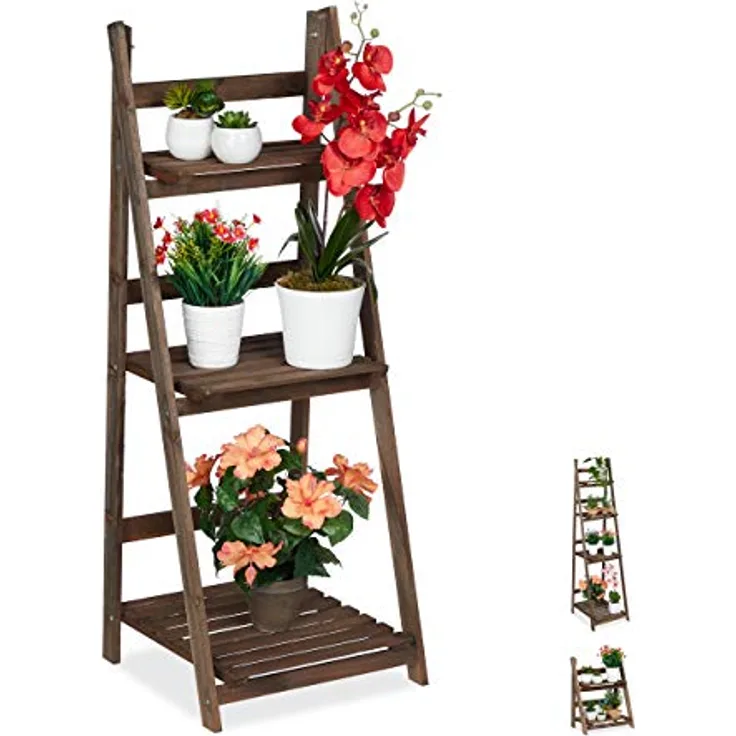 Relaxdays Blumentreppe, 3-stufig, Blumenleiter Holz, klappbar, Leiterregal Pflanzen, HBT: 108 x 41 x 40 cm, dunkelbraun