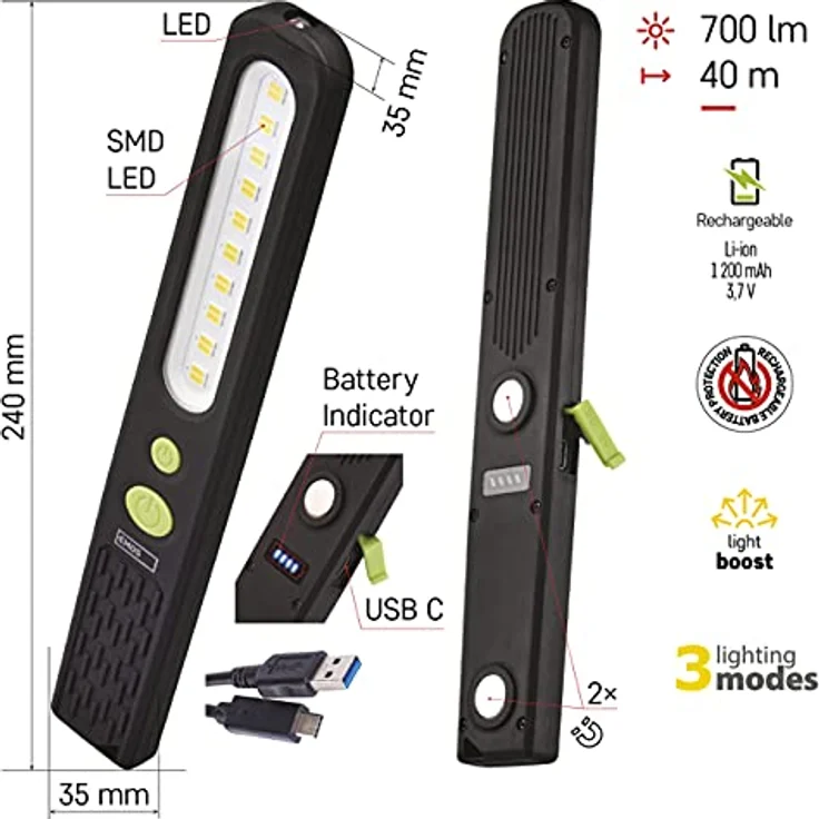 EMOS P4538 wiederaufladbare LED-Arbeitsleuchte, SMD-LED Werkstattlampe mit BOOST-Funktion, 2x Magnet, max. 700 lm, 45 m Leuchtweite, 1200 mAh Akku mit 6 St. Leuchtdauer, USB-Kabel, 3 Lichtmodi – Bild 2