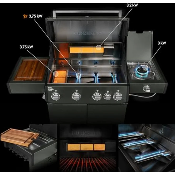 BURNHARD® Big FRED Deluxe, Gasgrill 4-Brenner mit 21,2 kW, Infrarot-Keramikbrenner, Edelstahl-Stabbrenner, Seitenkochfeld, große Grillfläche 70 x 41,5 cm, Piezo-Zündung, Gussrost – Bild 2