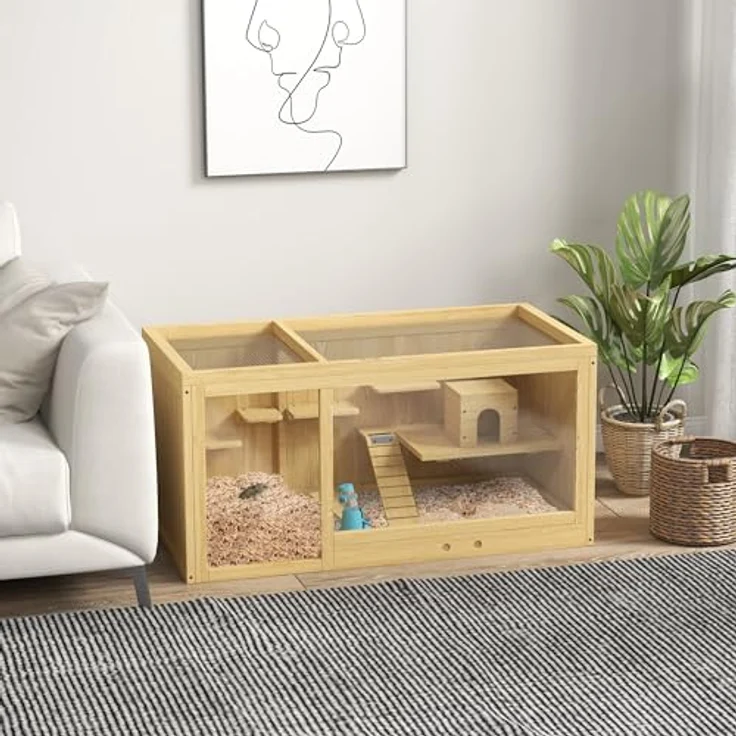 PawHut Hamsterkäfig aus Holz, 100 cm Kleintierstall, Spielhaus für Gerbils mit Schaukeln, Leitern, zu öffnendes Dach, Hütte, Natur – Bild 2