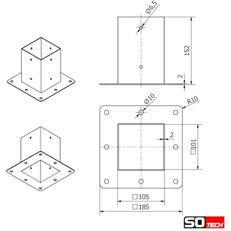 SO-TECH® Pfostenbeschlag Holzverbinder Bodenanker vierkant, Stahl schwarz mit starkem Korrosionsschutz, Anbau SET 6-tlg. 100 x 100 mm – Bild 8