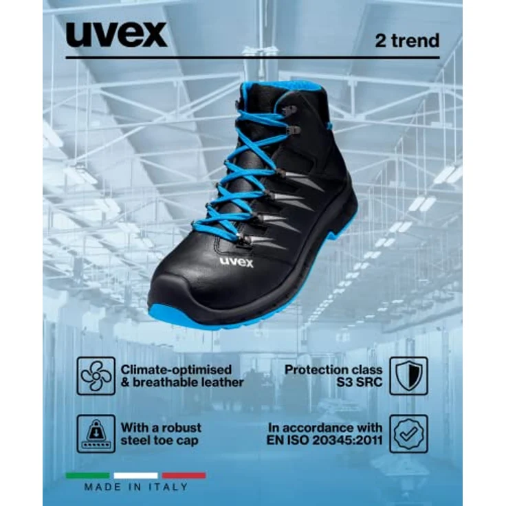 Uvex 2 Trend Sicherheitsstiefel S3, sportlicher Schnürschuh aus wasserabweisendem Glattleder, Größe 44 mit Stahlkappe und rutschhemmender Sohle – Bild 9