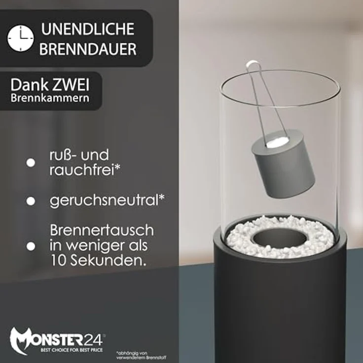 Monster24 runder freistehender Bio-Ethanol Stand-Kamin 80x26x26 cm | schönes Flammenspiel | Bioethanolkamin Outdoor Indoor | Bodenkamin | Terrassenkamin | EN 16647:2015 Zertifiziert, grau – Bild 4