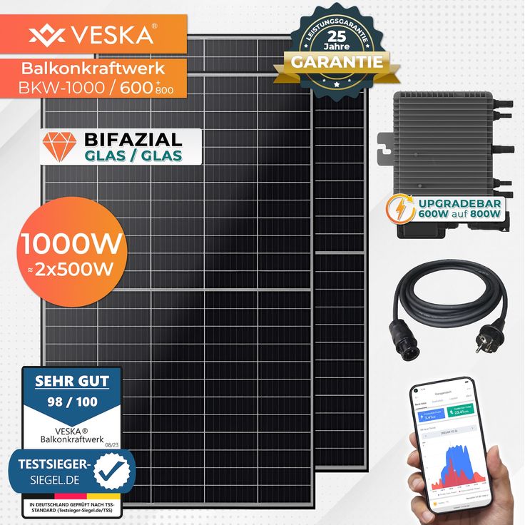 Veska Balkonkraftwerk 1000/600+800W upgradefähig Bifazial Photovoltaik Solaranlage WIFI Smarte Mini-PV Anlage