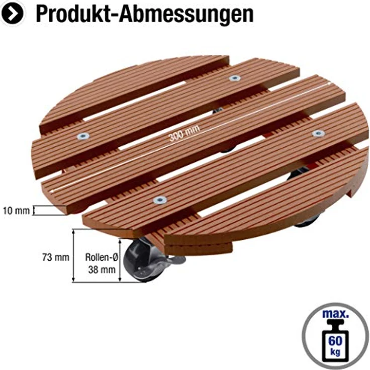 Metafranc WPC-Pflanzenroller Ø 300 mm-60 kg Tragkraft-Braun-PP-Räder-Feststeller-Witterungsbeständig-Outdoorroller-Untersetzer mit Rollen-Transporthilfe für Pflanzen - 825120 – Bild 3