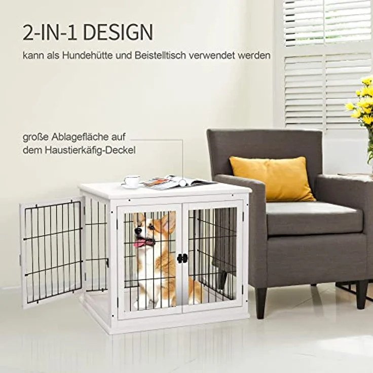 PawHut Hundehütte Hundehaus Transportbox Kleintierkäfig für Innen Hundebox Tierkäfig Haustier MDF Metall Weiß 81 x 58,5 x 66 cm – Bild 5