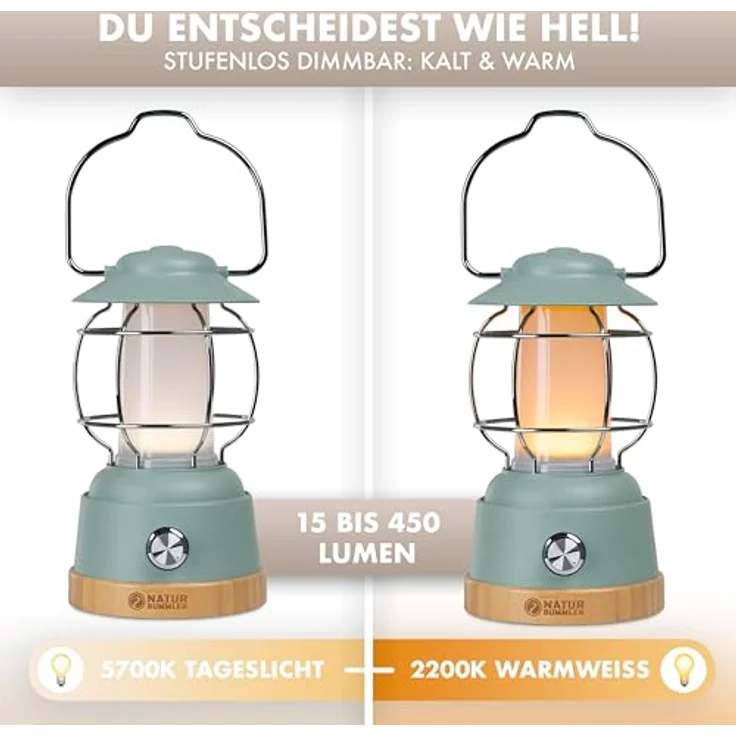 NATURBUMMLER Campinglampe aufladbar mit Powerbank [LUX Secure+], IPX4 wasserdicht, dimmbar, 5200 mAh Akku für 200h Leuchtkraft, LED Zeltlampe für Outdoor-Aktivitäten – Bild 2