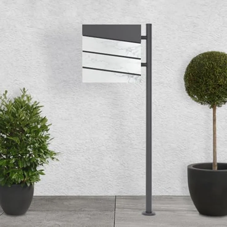 ML-Design Briefkasten Weiß-Marmoroptik mit Zeitungsfach und anthrazitfarbenem Edelstahlständer, wetterfest und langlebig – Bild 1