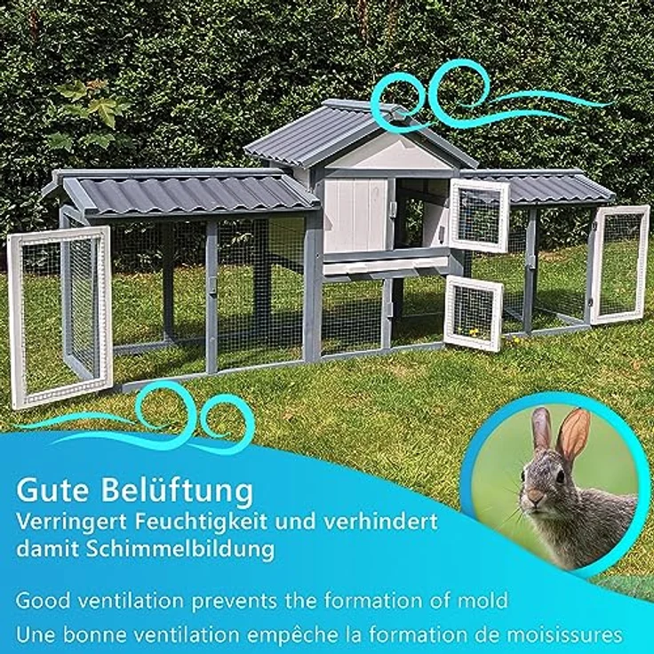 NYVI Hasenstall mit Auslauf - XXL Kleintierstall mit Gehege - PVC Dach - Winterfest & Wetterfest für Draußen - Einfache Montage, Langlebig - Outdoor Kaninchenstall 203x85x53cm Grau - Preisvergleich – Bild 5