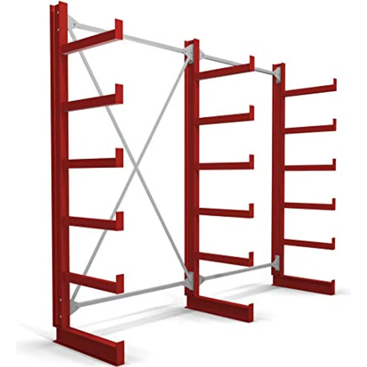 STIER Kragarmregal einseitig 2 Felder mit 5 Ebenen, 2600x2000x500mm, feuerrot, mit Abrollsicherung und stabiler Bodenverankerung