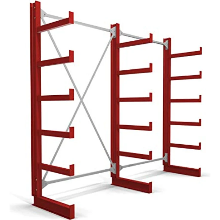 STIER Kragarmregal einseitig 2 Felder mit 5 Ebenen, 2600x2000x500mm, feuerrot, mit Abrollsicherung und stabiler Bodenverankerung – Bild 1