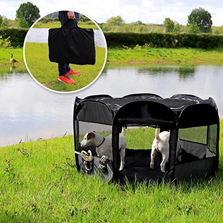lionto Welpenauslauf faltbar aus Oxfordgewebe & atmungsaktivem Netzstoff, Ø 110 cm, Höhe 64 cm, mit 2 Eingängen und Pop-up-System, schwarz/grau, inkl. Tragetasche & Heringe – Bild 3