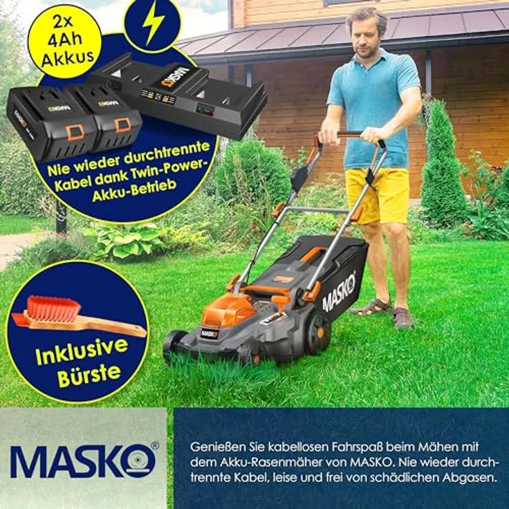 MASKO Akku Rasenmäher ECO-X10 inkl. 2X Akkus Li-Ion Batterie 4 Ah & Doppel-Ladegerät – Rasentrimmer Schnittbreite, 25-75mm Schnitthöhenverstellung Schwarz - Orange, Schnittbreite 43cm – Bild 6