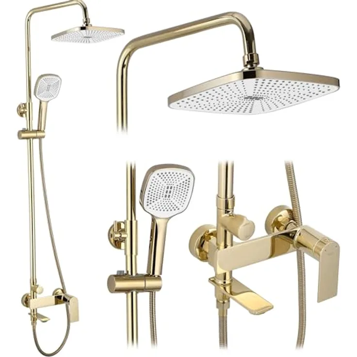 Rea Duschsystem STORM GOLD, Duschset mit Messing-Duscharmatur und Anti-Kalk Duschkopf, gold